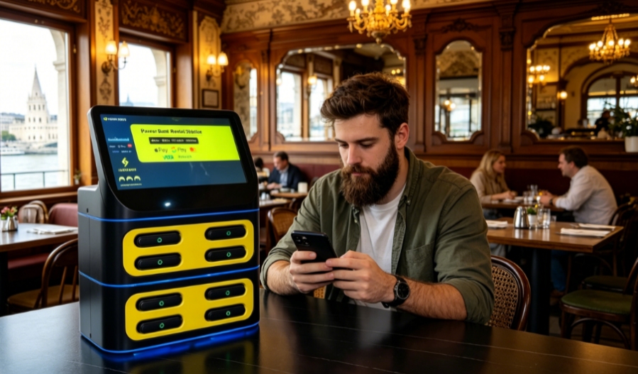 Tourists using shared power bank stations in Greek tourist attractions and commercial areas